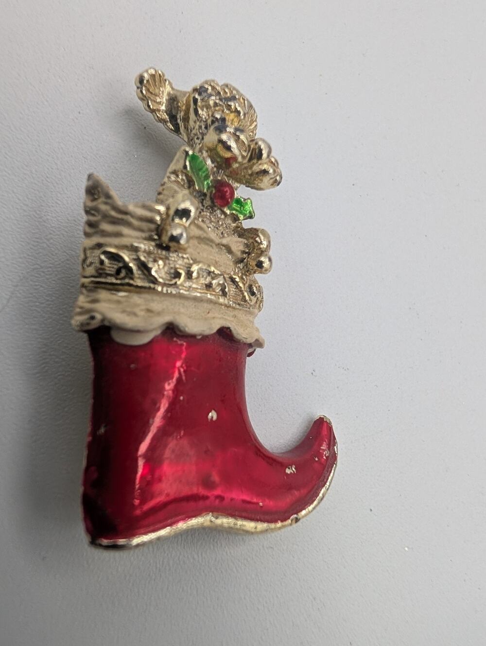 Gerry’s Christmas Puppy in Red Stocking Brooch Pin Vintage Signed Poodle